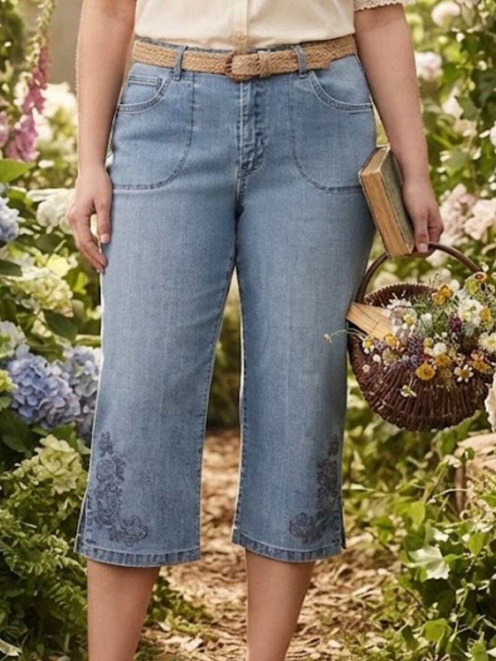 Gloria Vanderbilt Women's Size 14 Blue Denim Capri Jeans Embroidered Floral Slit